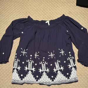 Joie Navy Embroidered Off-Shoulder Top